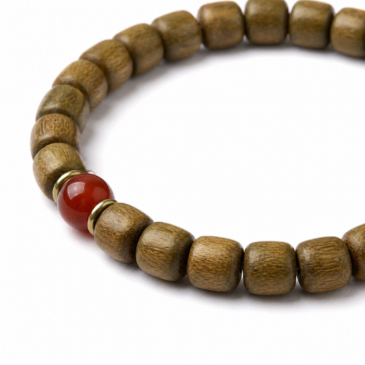 Monk-Blessed Wooden Mala Bracelet with Red Agate Accent