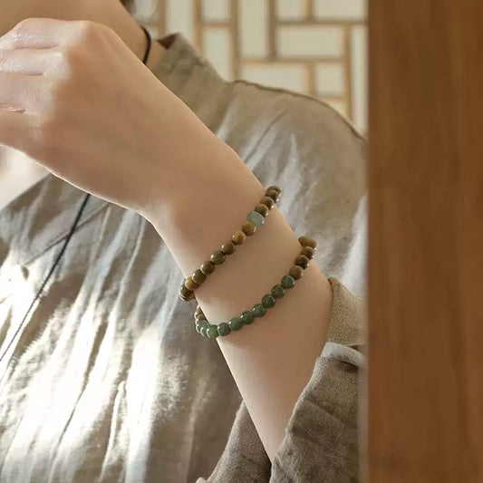 Natural Wood & Jade Wrap Bracelet - Zen Meditation Beaded Jewelry