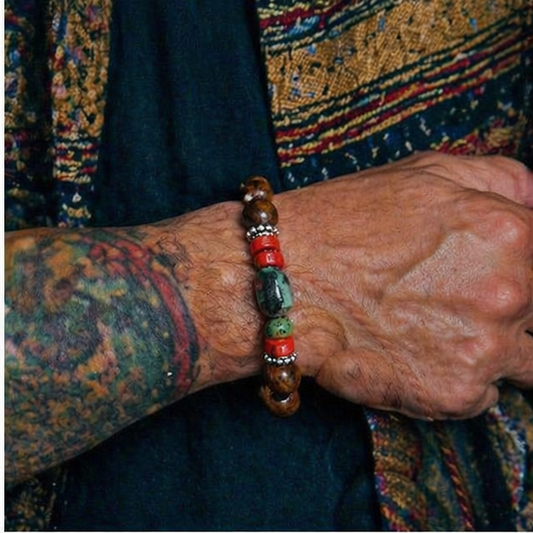Sacred Mountain Wood Bracelet – Unisex Adjustable Beaded Bracelet with Turquoise & Coral Accents