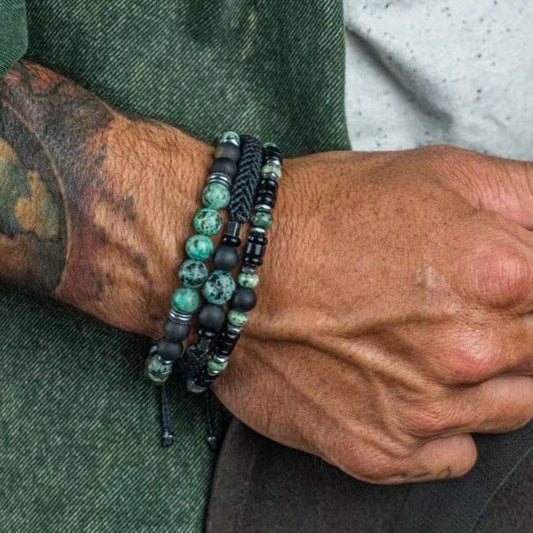 Turquoise & Black Beaded Bracelet Set – Unisex Layered Adjustable Stacking Bracelets