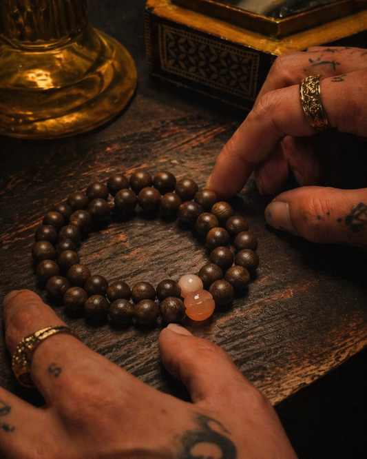 Natural Wood Beaded Bracelet Set with Blush Accent Stones – Unisex Spiritual Stacking Bracelet