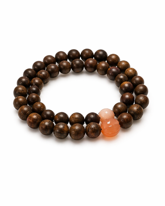 Natural Wood Beaded Bracelet Set with Blush Accent Stones – Unisex Spiritual Stacking Bracelet