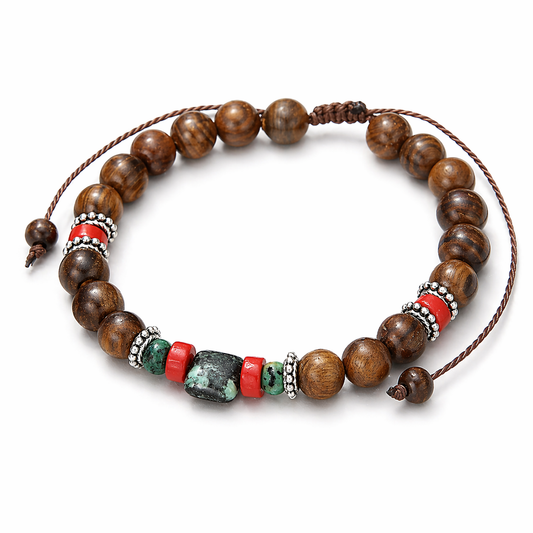 Sacred Mountain Wood Bracelet – Unisex Adjustable Beaded Bracelet with Turquoise & Coral Accents