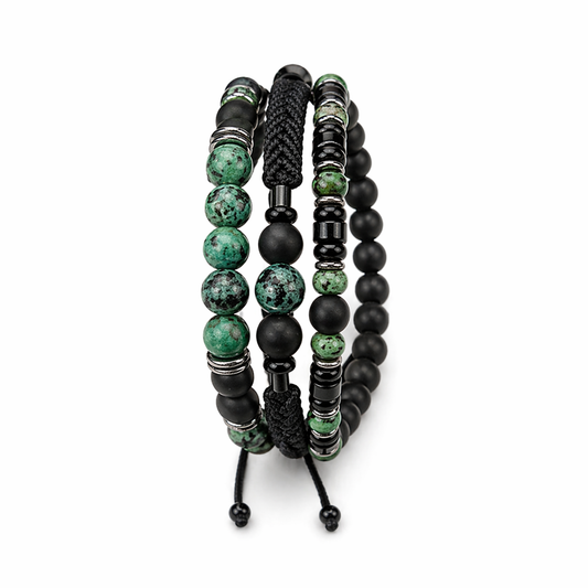 Turquoise & Black Beaded Bracelet Set – Unisex Layered Adjustable Stacking Bracelets